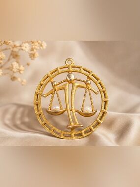 Vintage Libra Scales Large Pendant Gold Tone w Pearls • Zodiac Balance Statement